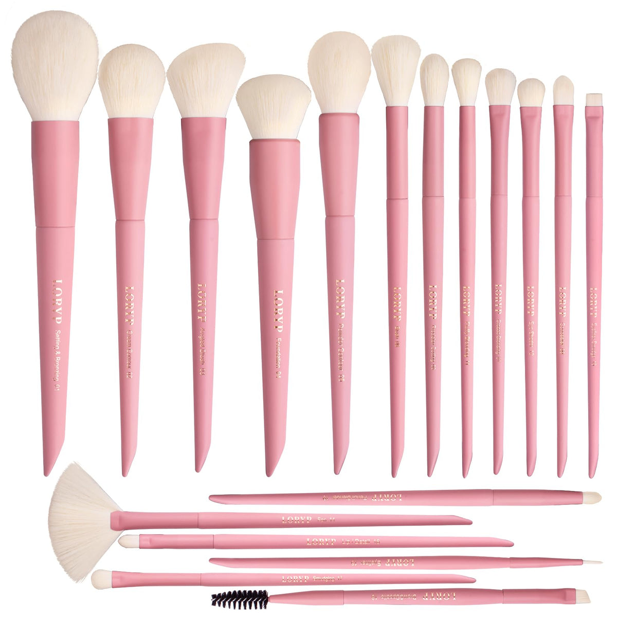 LORYP 18-piece pink makeup brush set displayed for a versatile face and eye routine.