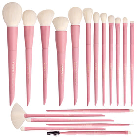 LORYP 18-piece pink makeup brush set displayed for a versatile face and eye routine.