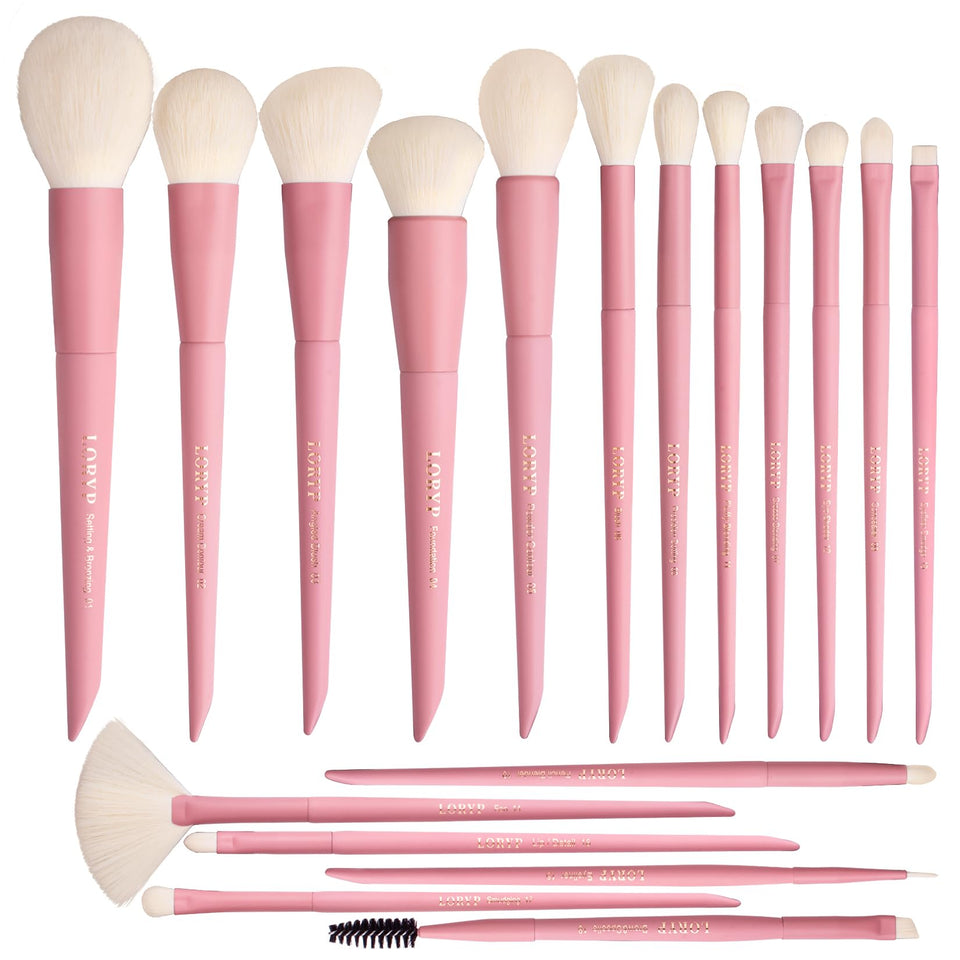 LORYP 18-piece pink makeup brush set displayed for a versatile face and eye routine.