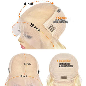 Lotulo blonde front wig with cap, four combs, and adjustable straps for secure fit.