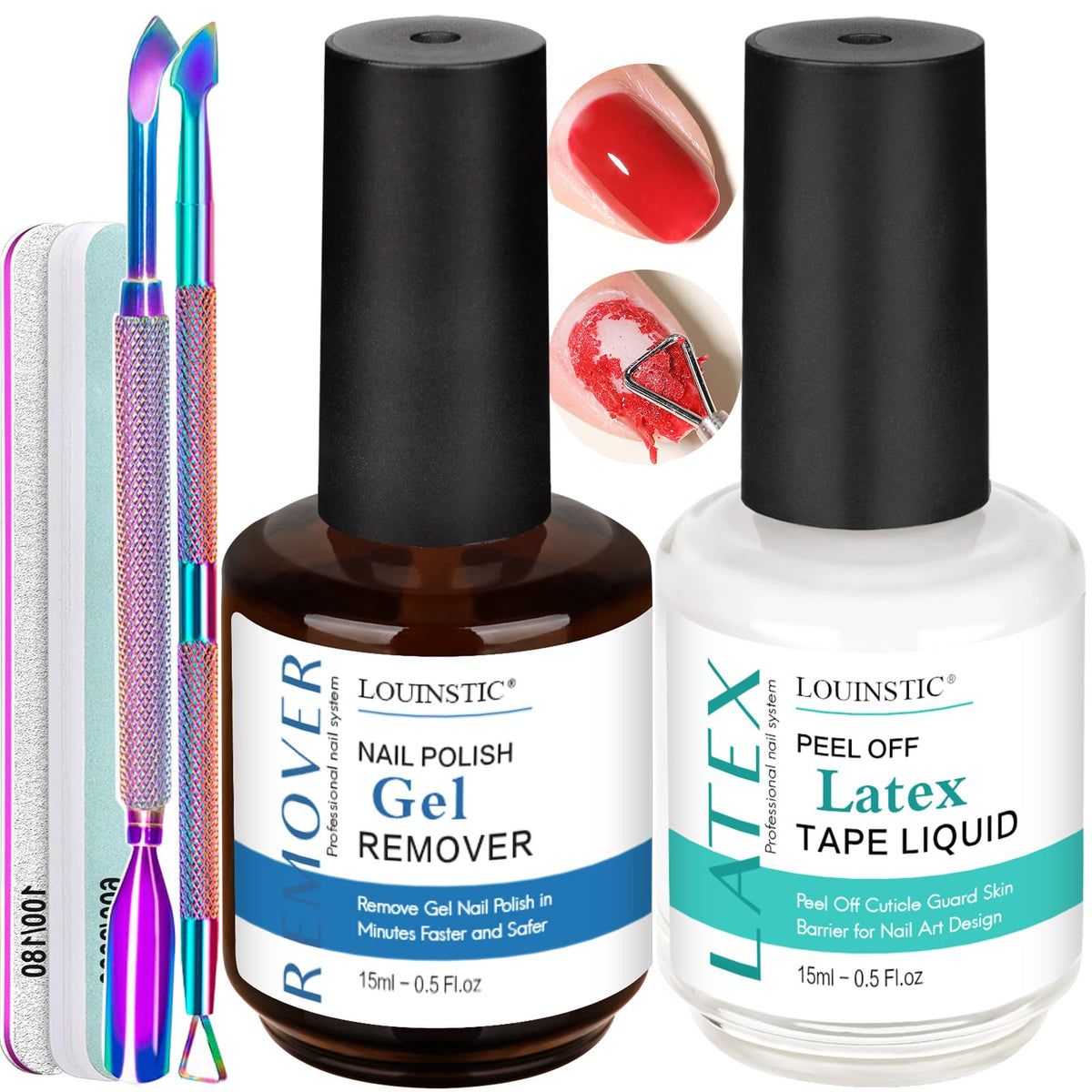 LOUINSTIC Gel Nail Polish Remover bottle shows fast removal on nails