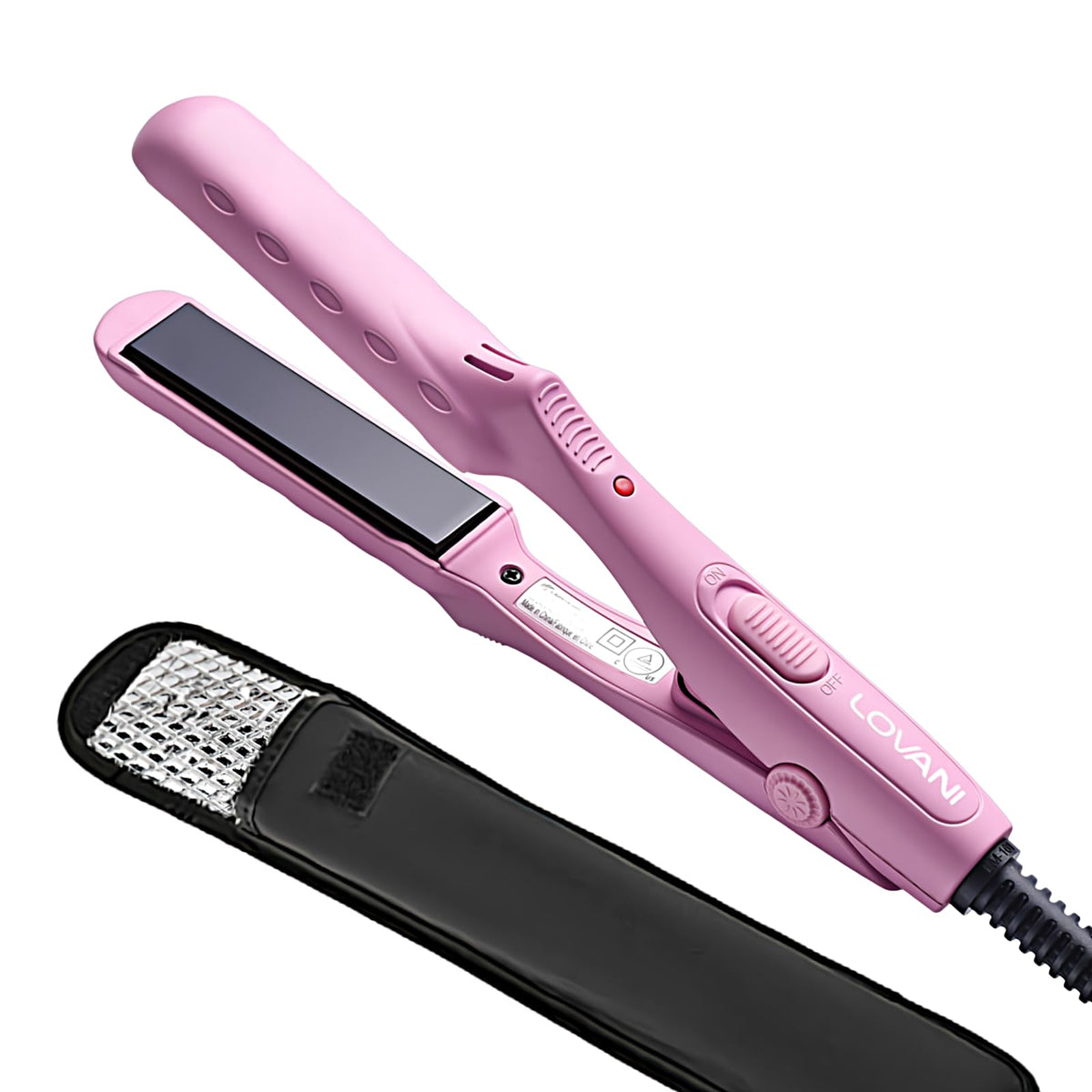 LOVANI Mini Flat Iron shows ceramic tourmaline plates for smooth, frizz-control styling