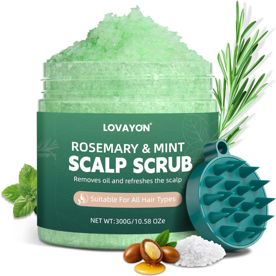 LOVAYON Rosemary Scalp Scrub bottle for a refreshing scalp cleanse.