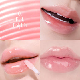 LOVB Crystal Dewy Lip Gloss Pink Dolphin gloss on lips in full shot