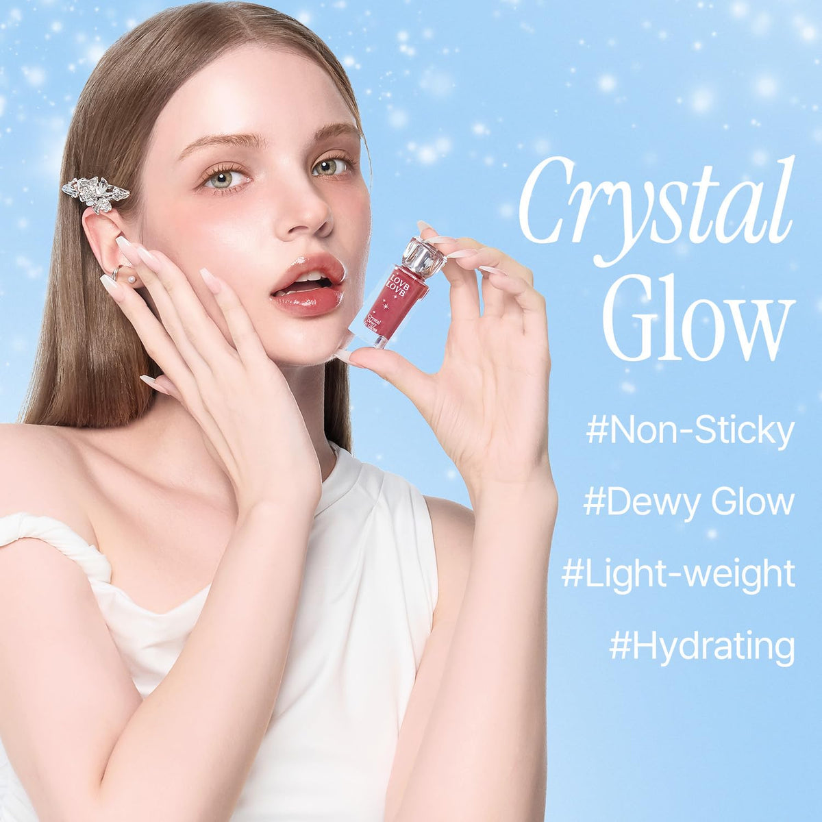 LOVB Crystal Dewy Lip Gloss Pink Dolphin packaging closeup