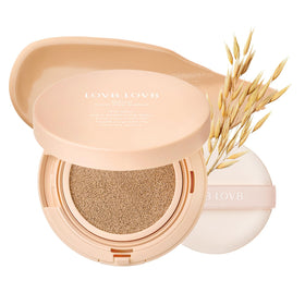 Lovb Natural Cover Glow Cushion bottle shows luminous finish and hydration benefits.