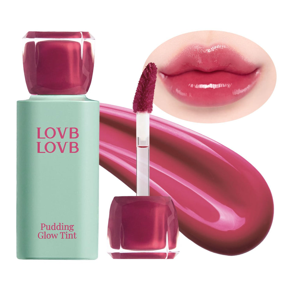 LOVB Pudding Glow lip tint bottle close-up shows long lasting color