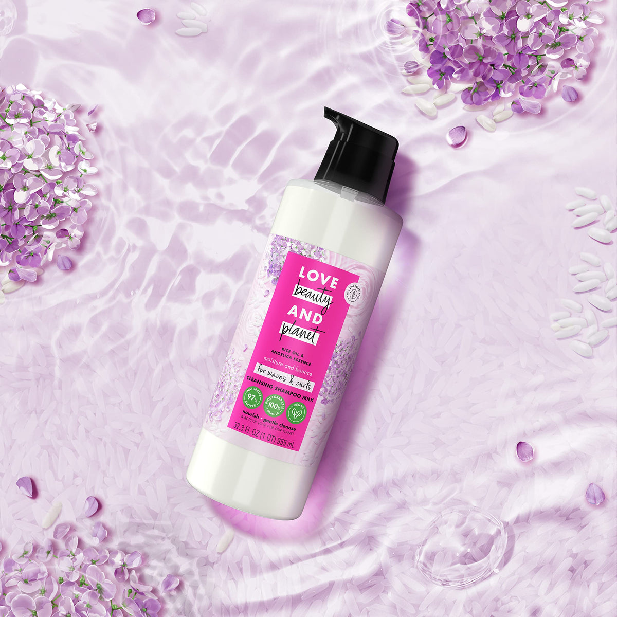 Love Beauty and Planet waves and curls hair shampoo in lifestyle shot
