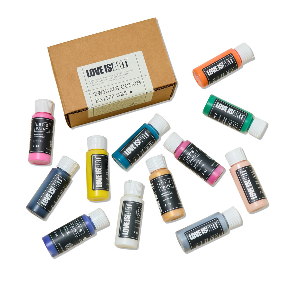 Love is Art Love Paints 12-color bottle set for playful date-night body art.