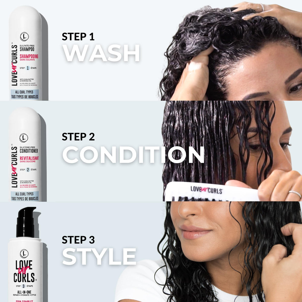 Love Ur Curls 3-step system packaging highlighting fragrance-free vegan formulas.