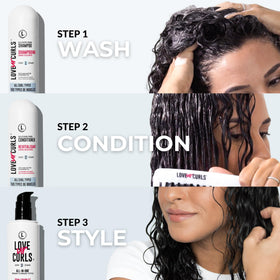 Love Ur Curls 3-step system packaging highlighting fragrance-free vegan formulas.