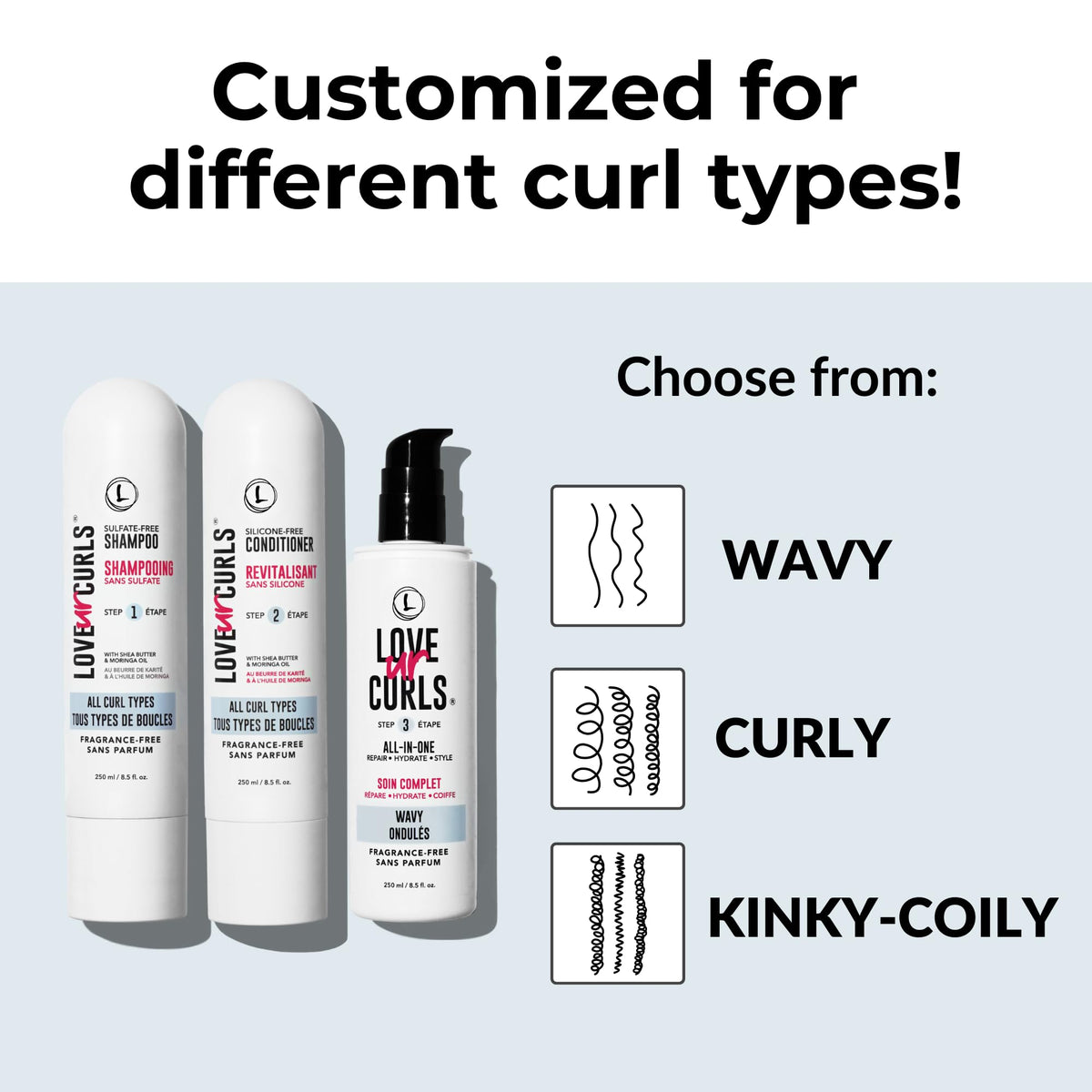 Love Ur Curls complete fragrance-free curly routine kit for gentle care.