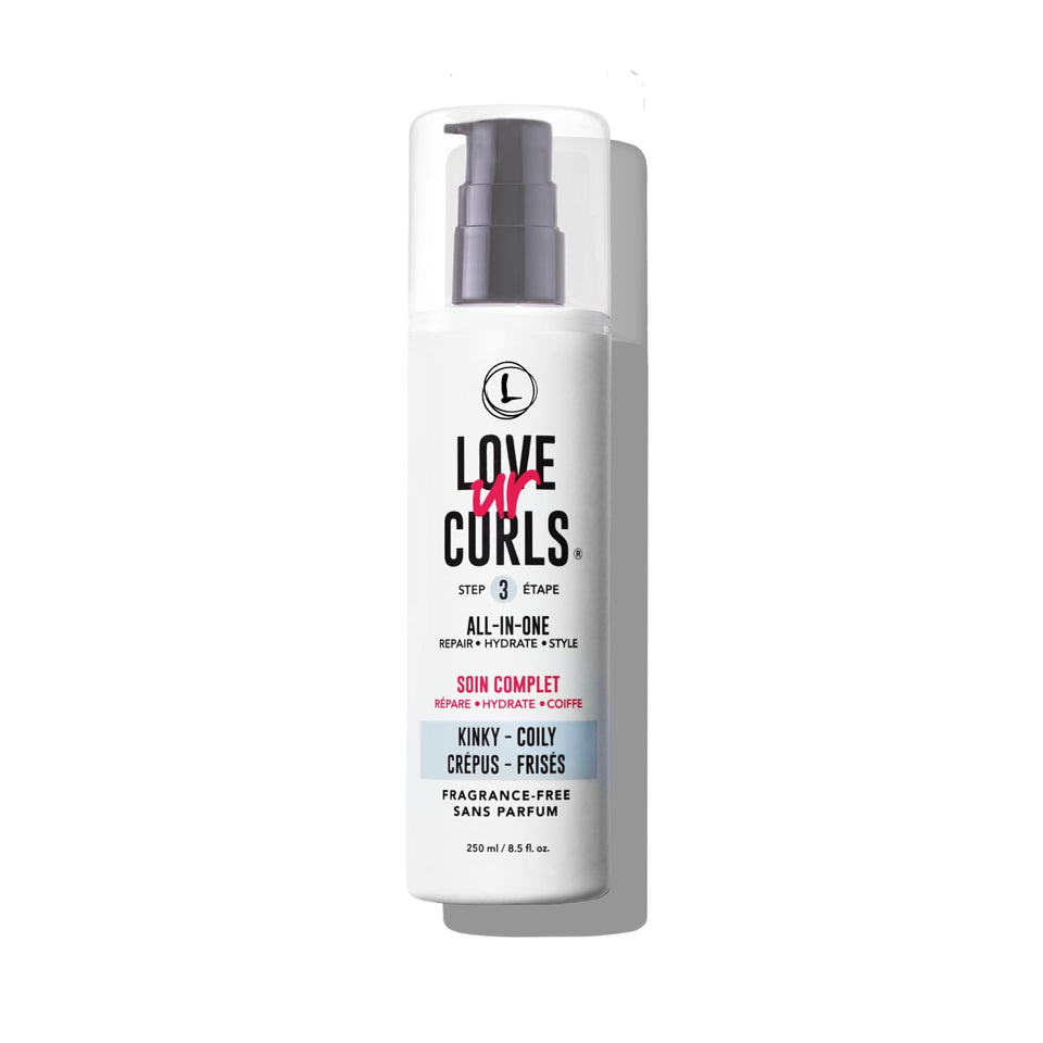 Love Ur Curls fragrance-free all-in-one curl cream bottle for defined, frizz-free kinky curls.