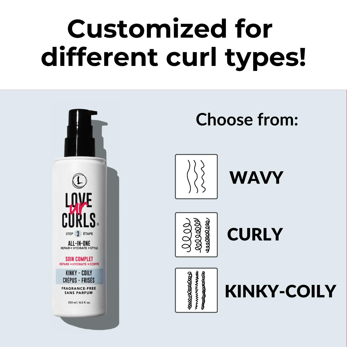 Love Ur Curls hand-holding bottle shows easy, one-step styling for defined curls.