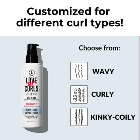 Love Ur Curls hand-holding bottle shows easy, one-step styling for defined curls.