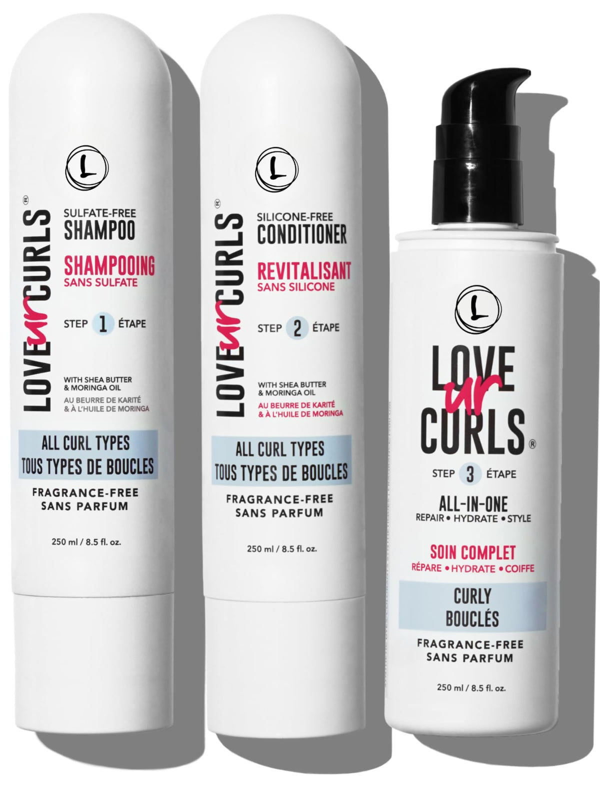 Love Ur Curls fragrance-free shampoo bottle for gentle cleansing of curly hair.