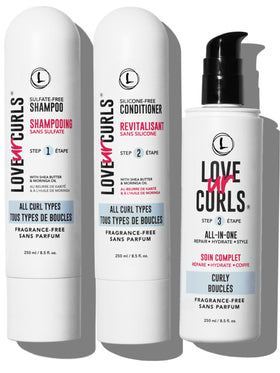 Love Ur Curls fragrance-free shampoo bottle for gentle cleansing of curly hair.