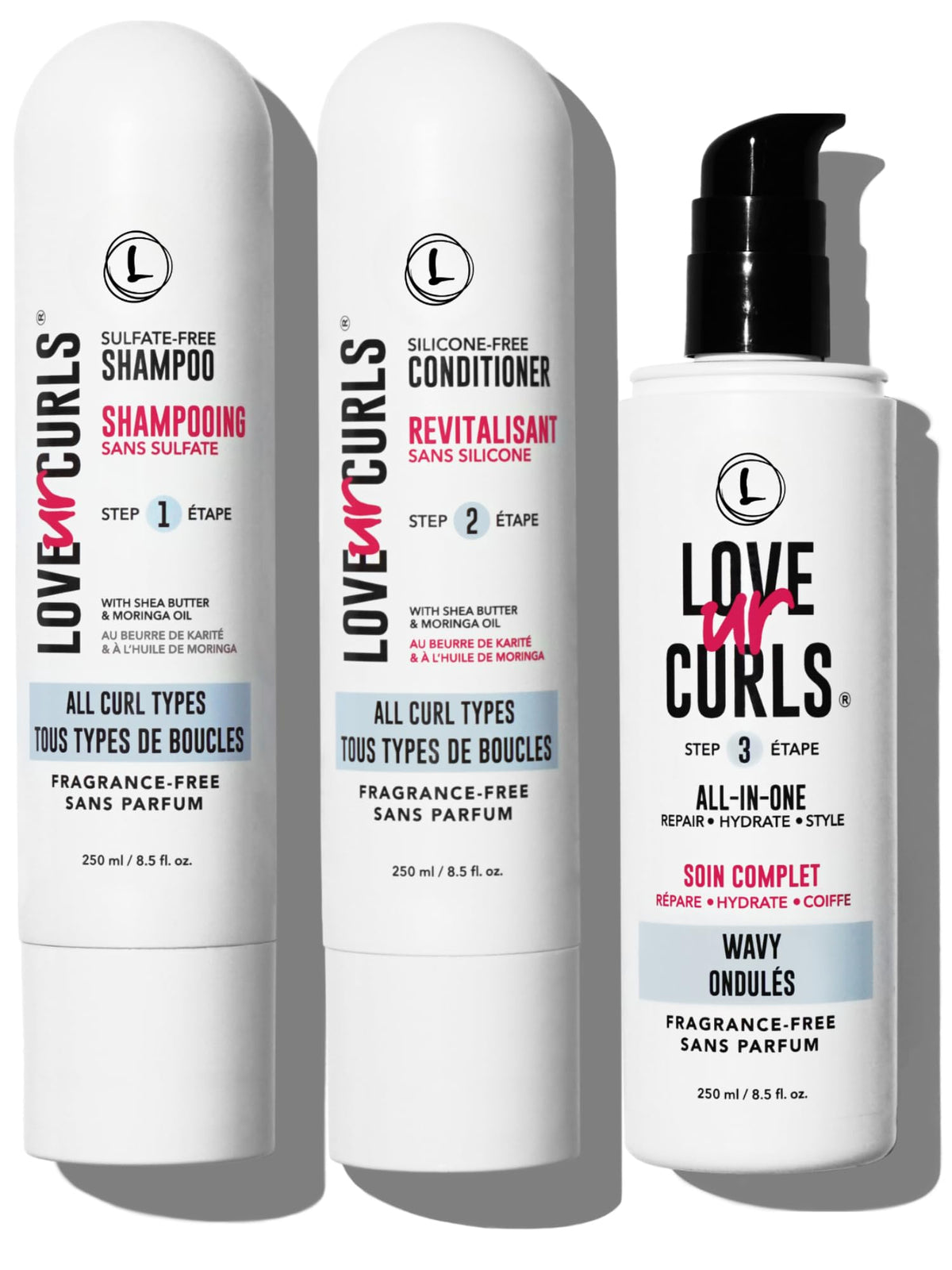 Love Ur Curls fragrance-free shampoo bottle for gentle cleansing of soft waves.