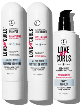 Love Ur Curls fragrance-free shampoo bottle for gentle cleansing of soft waves.