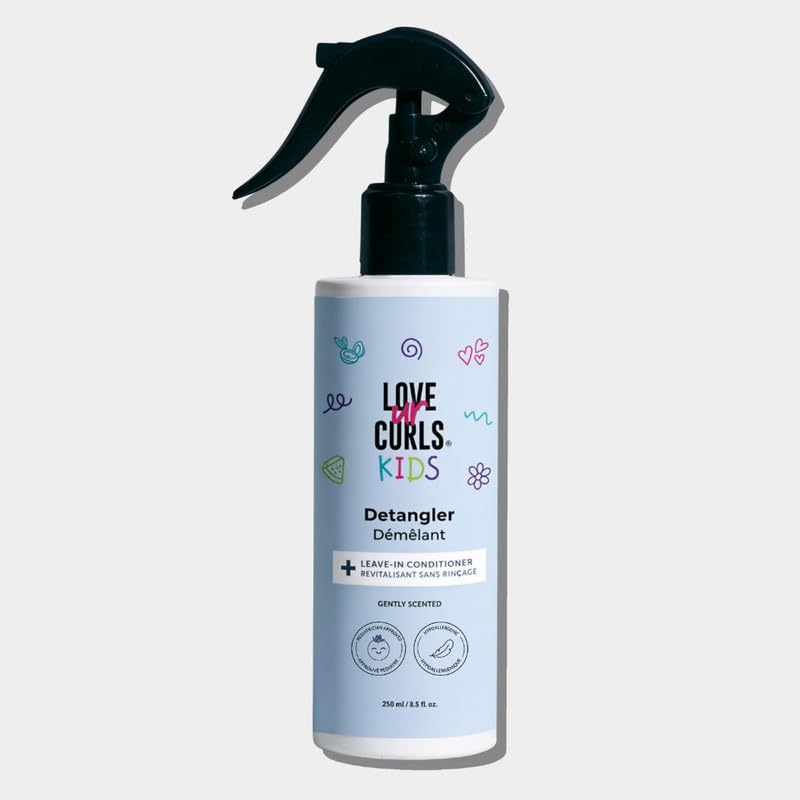 Love Ur Curls Kids Detangler bottle demonstrating easy detangling and hydration.