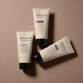 Loved01 Daily Face & Body Moisturizer unscented label confirms fragrance-free formula