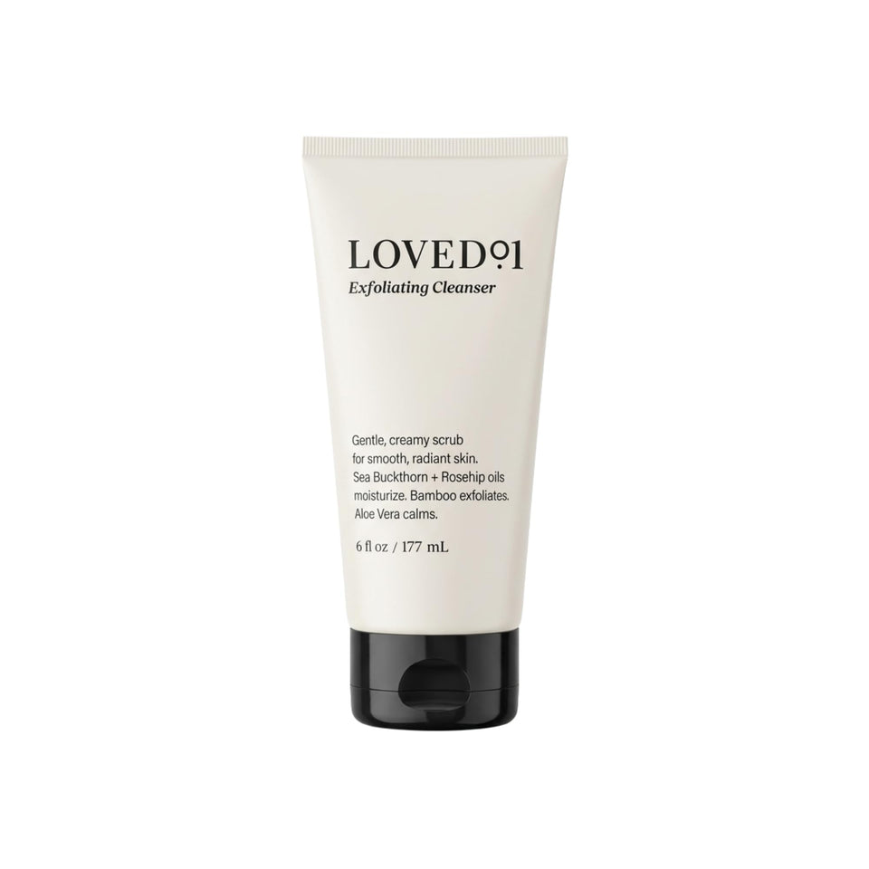 Loved01 Face & Body Exfoliating Cleanser bottle shows gentle exfoliation for radiant skin.