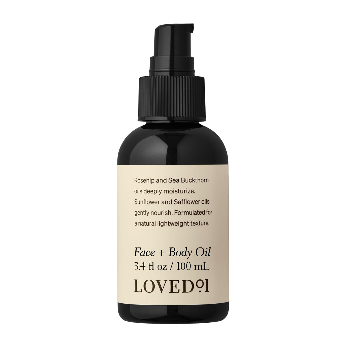 Loved01 Face & Body Oil bottle with pump for easy, mess-free application.