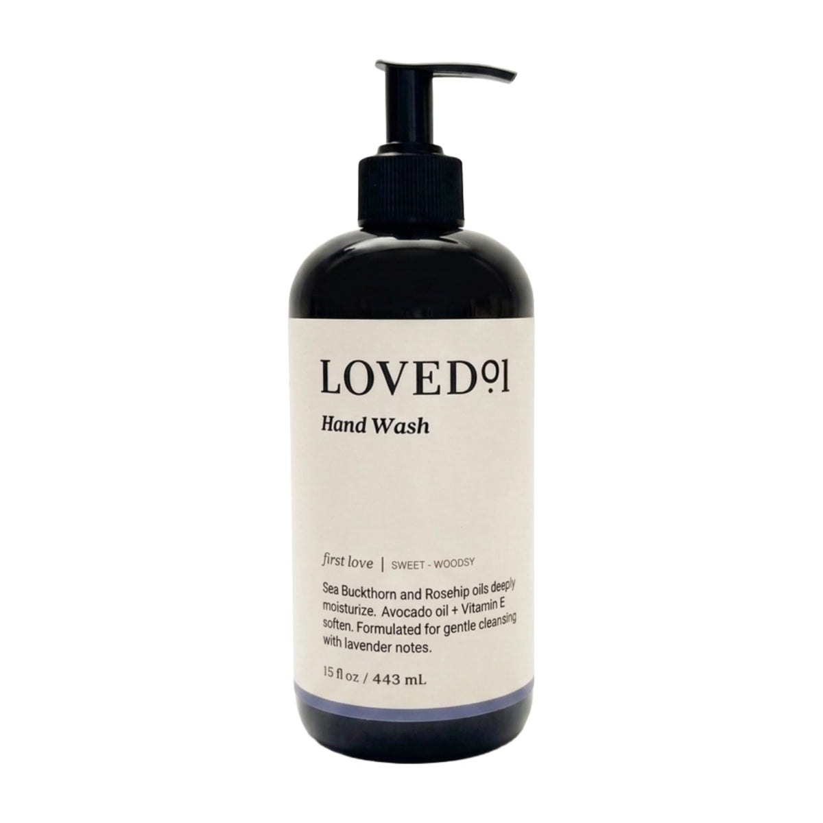 Loved01 Hand Wash bottle front view shows gentle cleansing and hydrating feel.