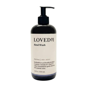 Loved01 Hand Wash bottle front view shows gentle cleansing and hydrating feel.