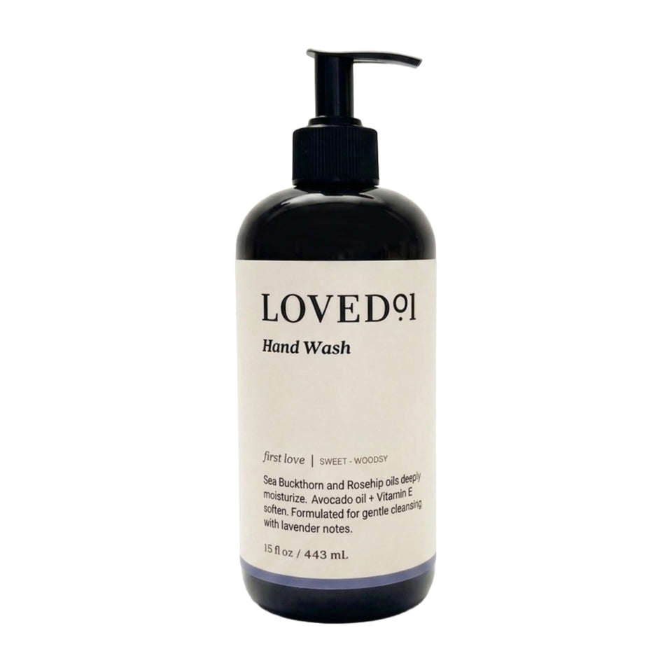 Loved01 Hand Wash bottle front view shows gentle cleansing and hydrating feel.