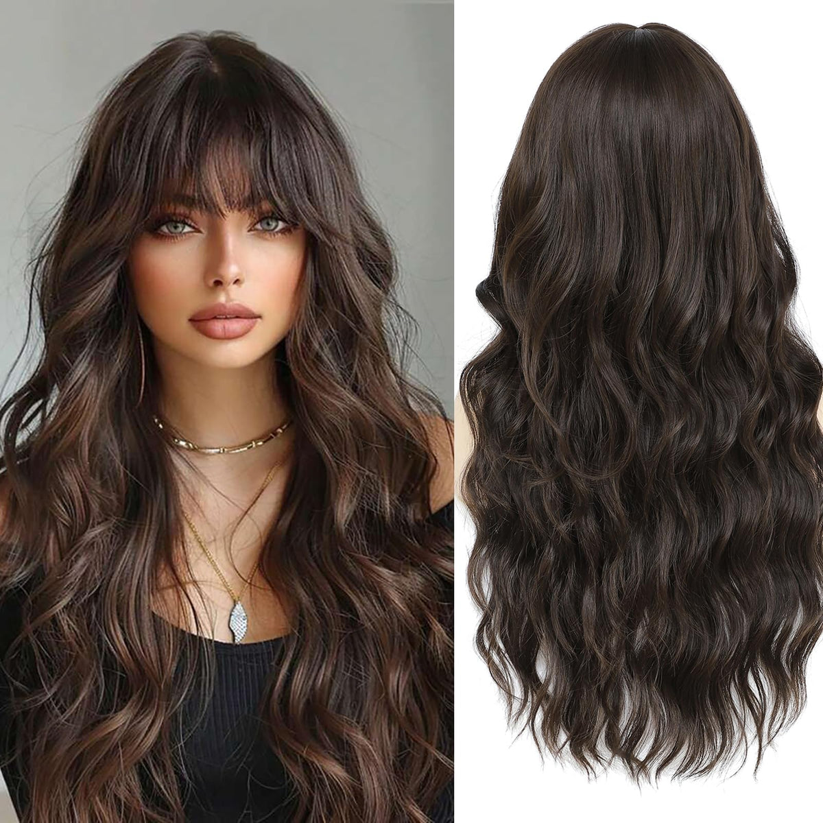 Lovenia long dark brown wig with bangs 26-inch for versatile styling and natural movement.
