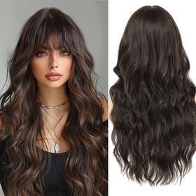 Lovenia long dark brown wig with bangs 26-inch for versatile styling and natural movement.
