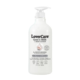 Lovercare Goat Milk Body Lotion bottle front, moisturizing formula for dry skin.