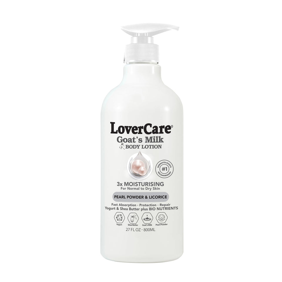 Lovercare Goat Milk Body Lotion bottle front, moisturizing formula for dry skin.