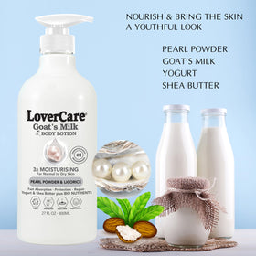 Lovercare Goat Milk ingredients close-up shows nourishing nutrients for skin.