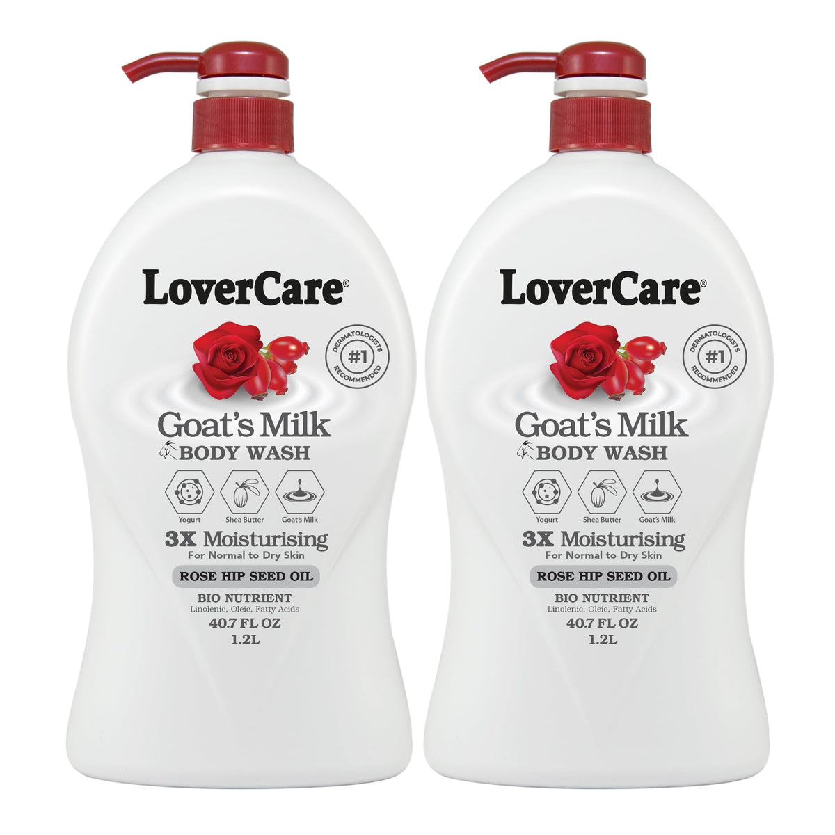 Lovercare Goat's Milk Body Wash bottle with rose hip oil for gentle hydration.