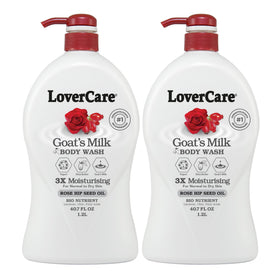Lovercare Goat's Milk Body Wash bottle with rose hip oil for gentle hydration.