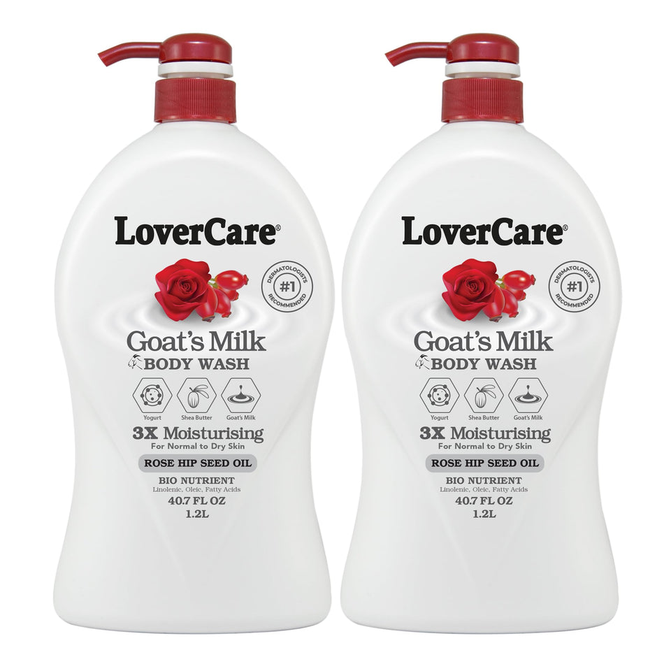Lovercare Goat's Milk Body Wash bottle with rose hip oil for gentle hydration.