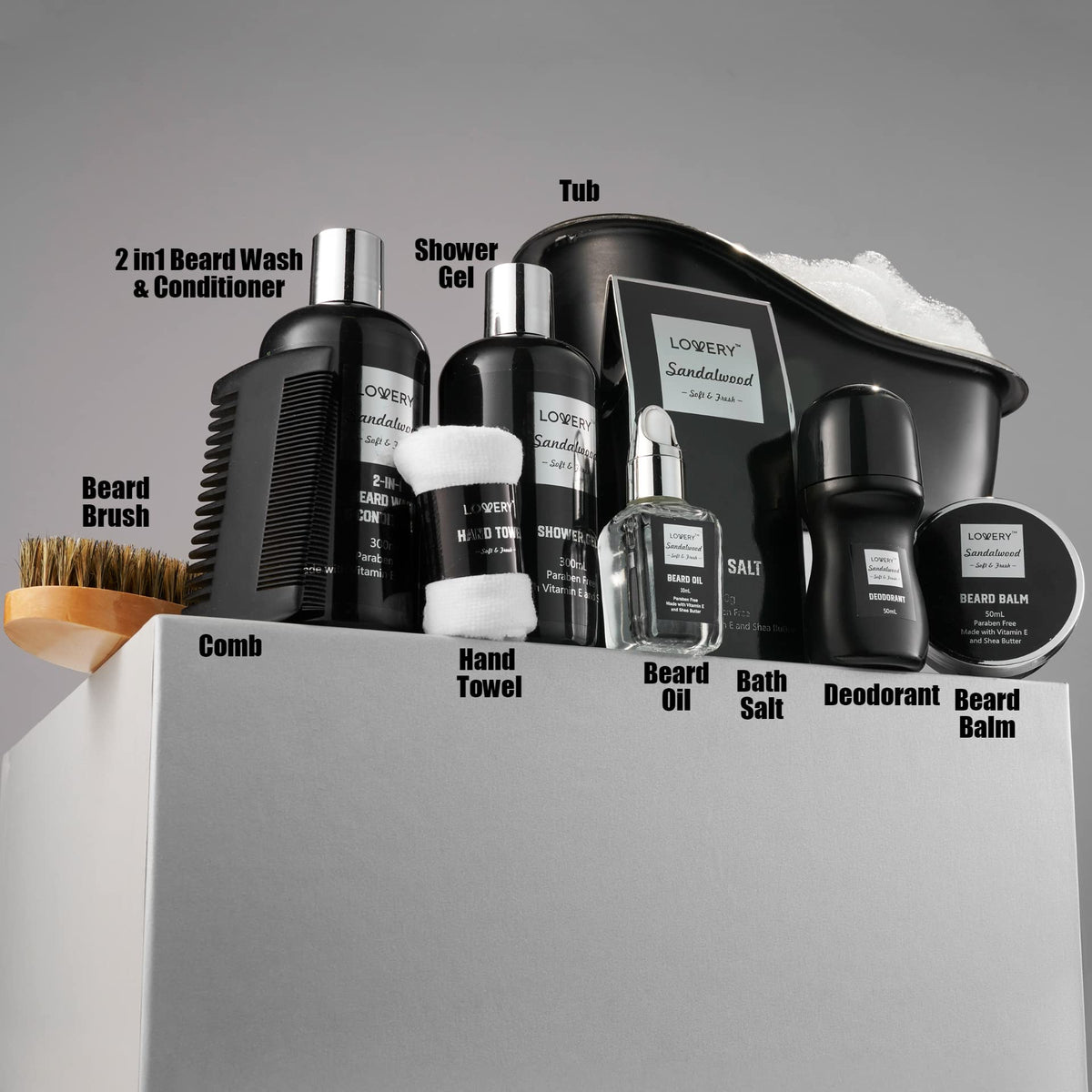 LOVERY beard kit and bath grooming, neatly arranged for gifting.