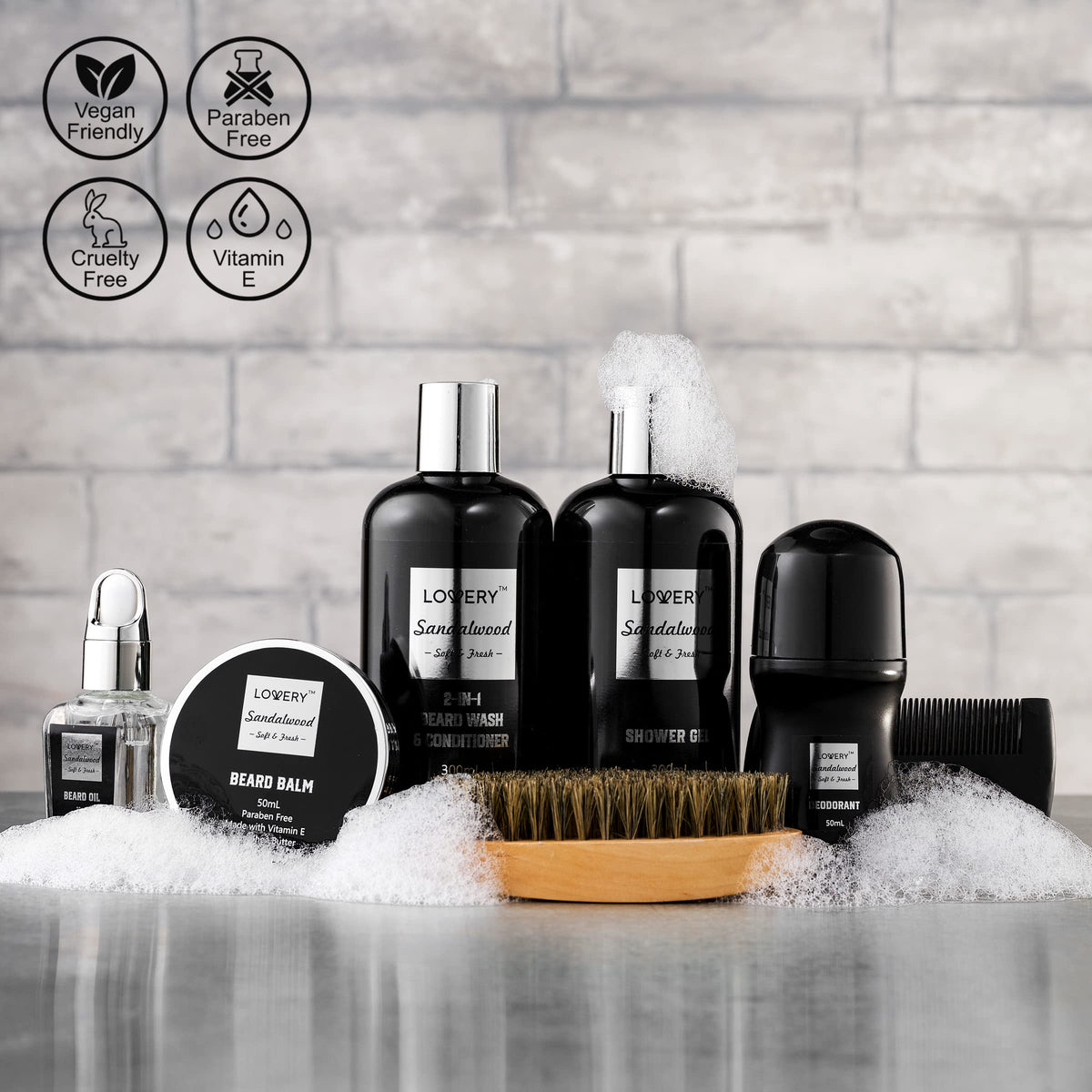 LOVERY body care shower gel and loofah for a refreshing cleanse.