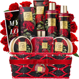 Lovery Mothers Day gift basket offering rose spa products for gifting.
