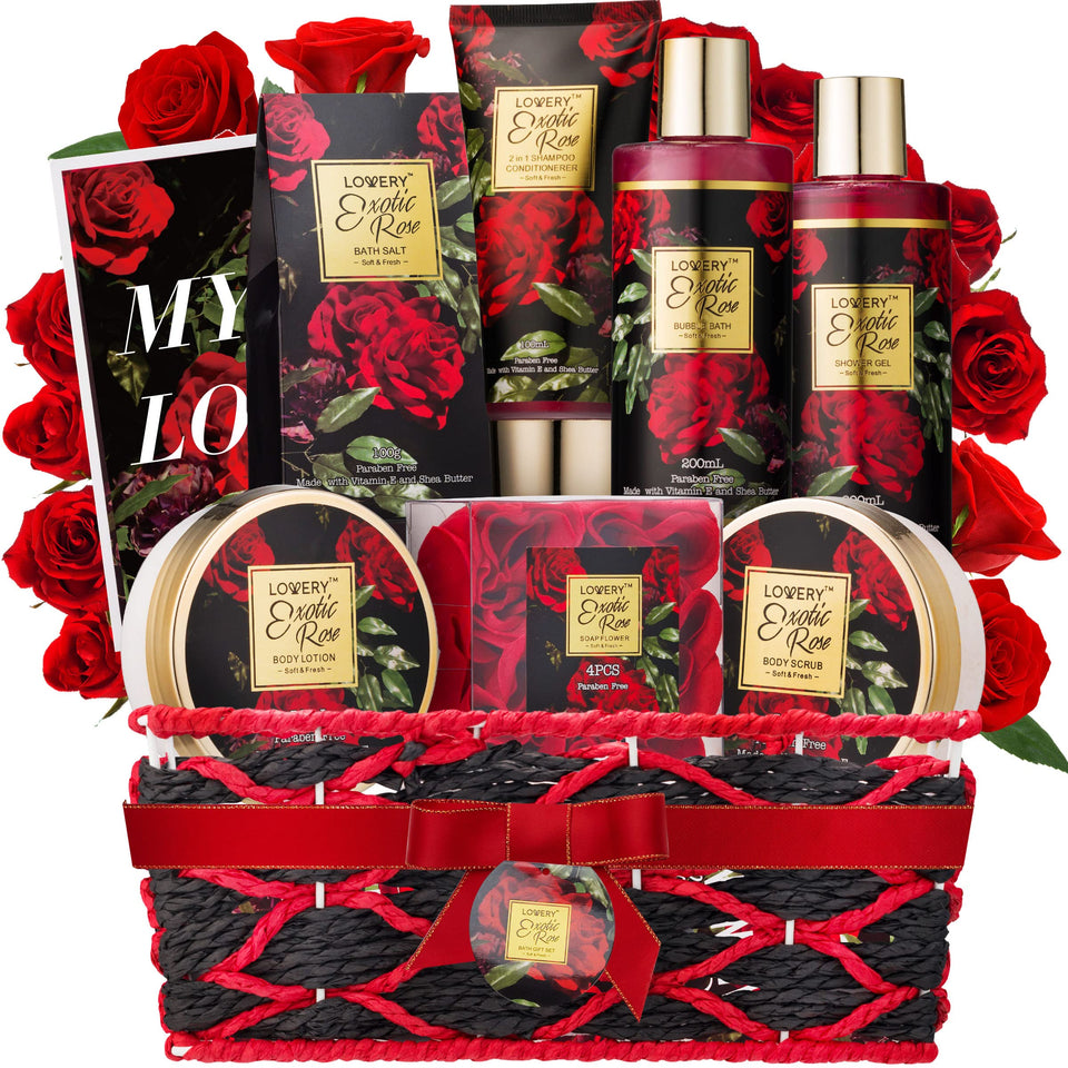 Lovery Mothers Day gift basket offering rose spa products for gifting.
