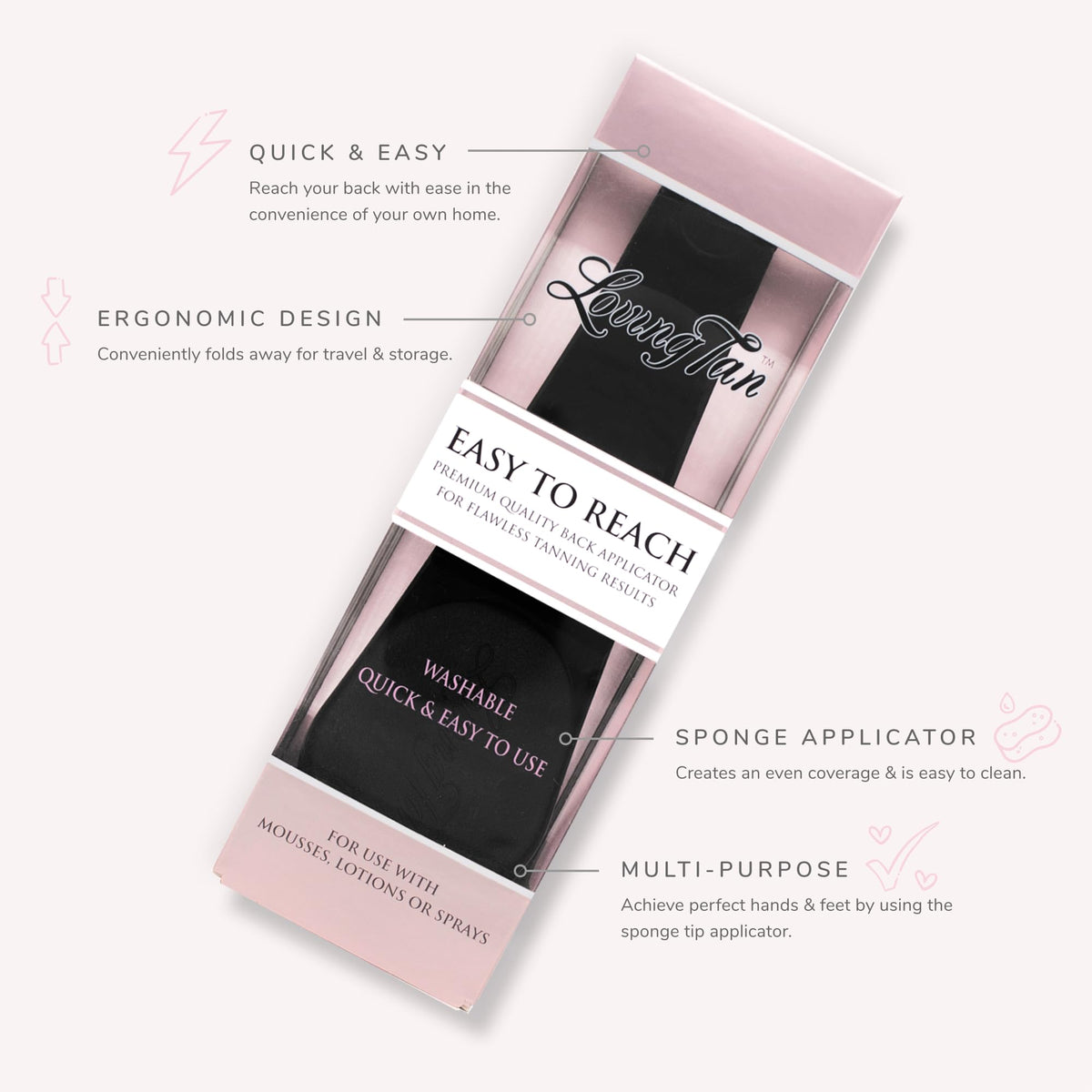 Loving Tan Easy to Reach Back Applicator soft foam head for smooth, streak-free application