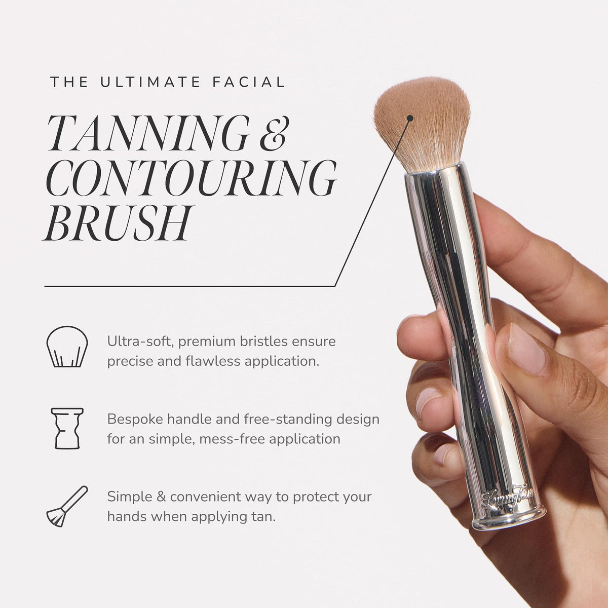Loving Tan Flawless Face Tan Brush hands-free use prevents staining on fingertips.