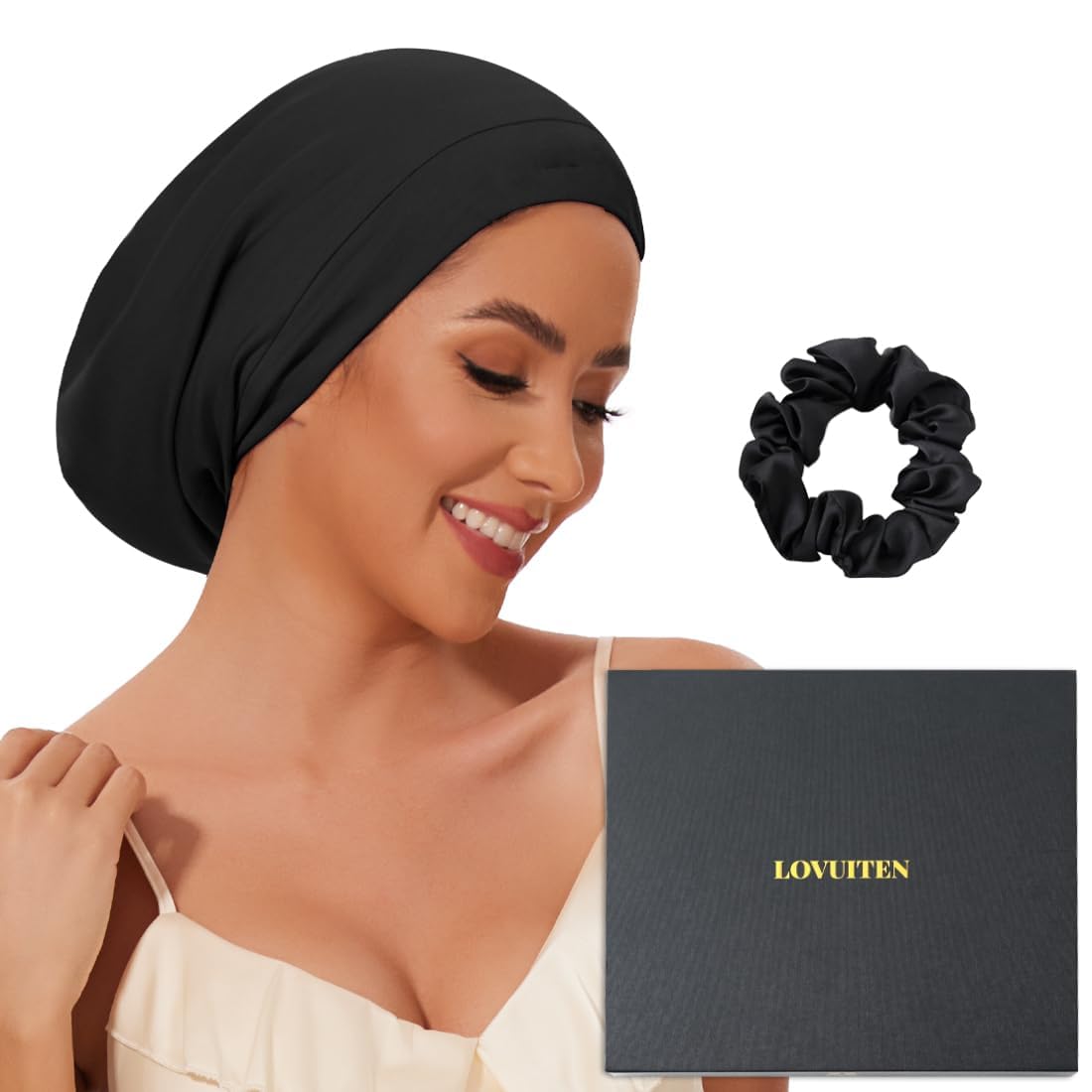 Lovuiten mulberry silk bonnet outer view highlights premium silk for smooth sleep