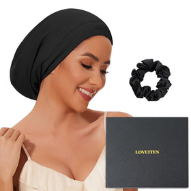 Lovuiten mulberry silk bonnet outer view highlights premium silk for smooth sleep