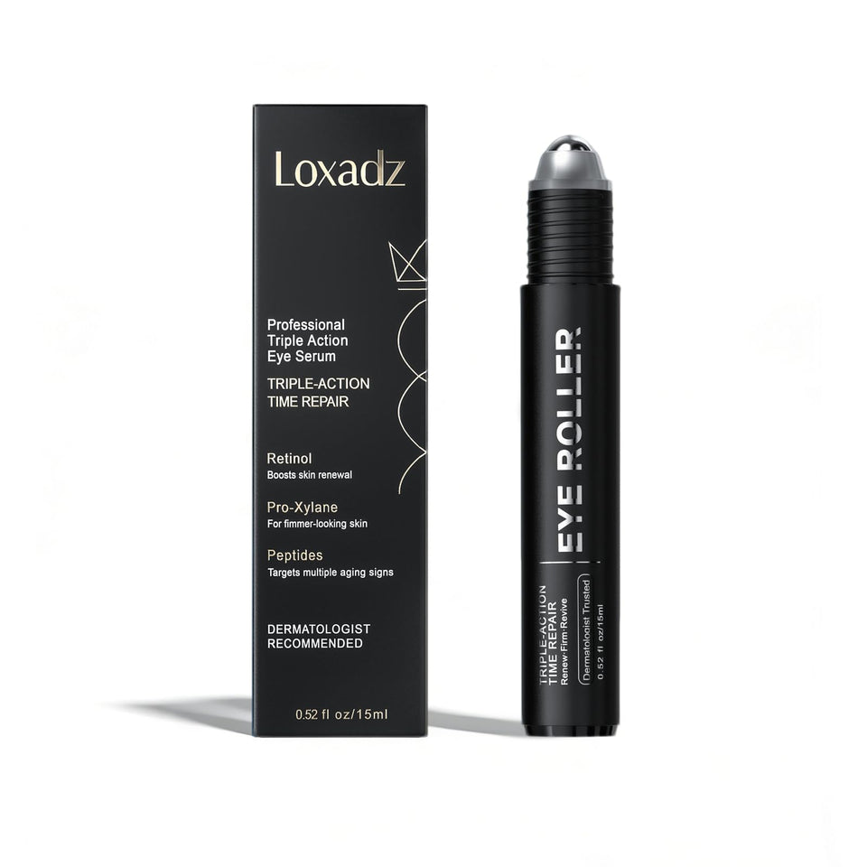 Loxadz Under Eye Brightener Roller with cooling metal roller for puffiness reduction and brighter under-eye area