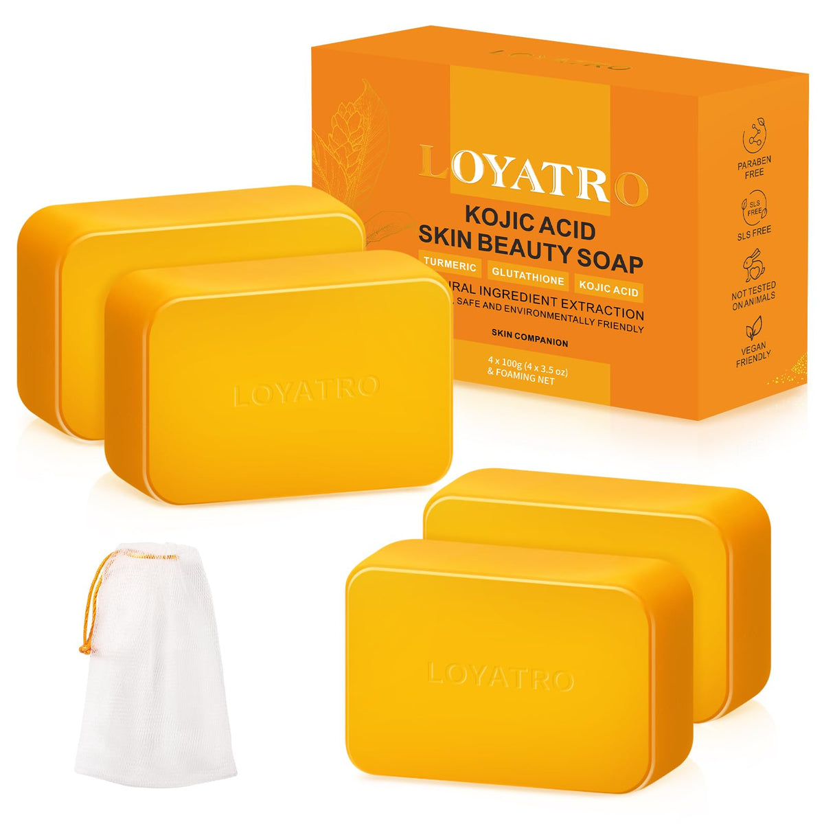 LOYATRO Kojic Acid Turmeric Soap Bar packaging highlights brand reliability and brightening potential.