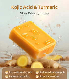 LOYATRO Kojic Acid Turmeric Soap Bar unwrapped close-up reveals premium formula for smoother skin.