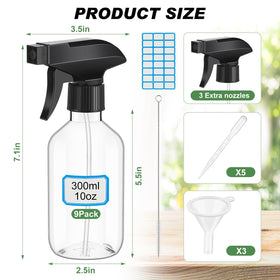 LOYIM 9 pack spray bottle shows clear body and 10 oz capacity for easy refills
